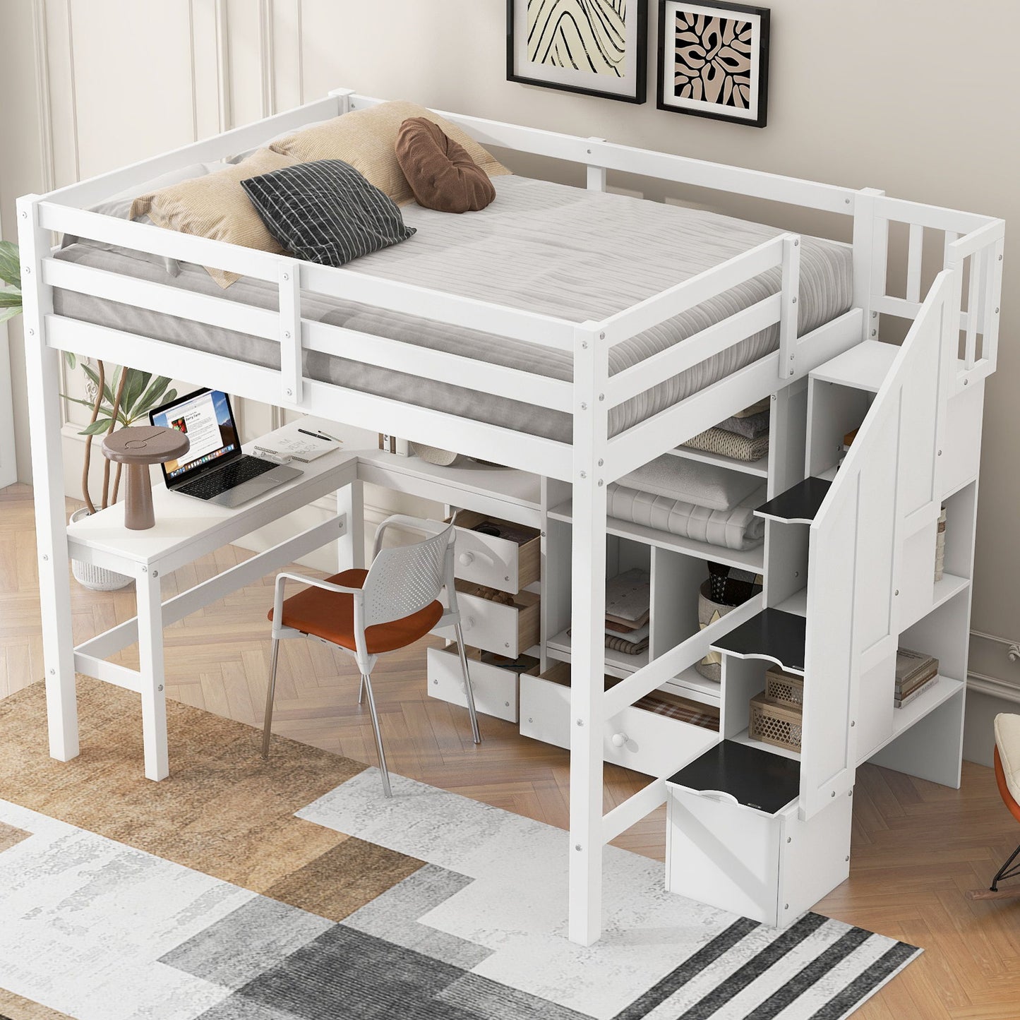 Loft Bed & L Shaped Desk, Drawers, Cabinet, And Storage Staircase - The Sleep Loft - Online Mattress Showroom NYC