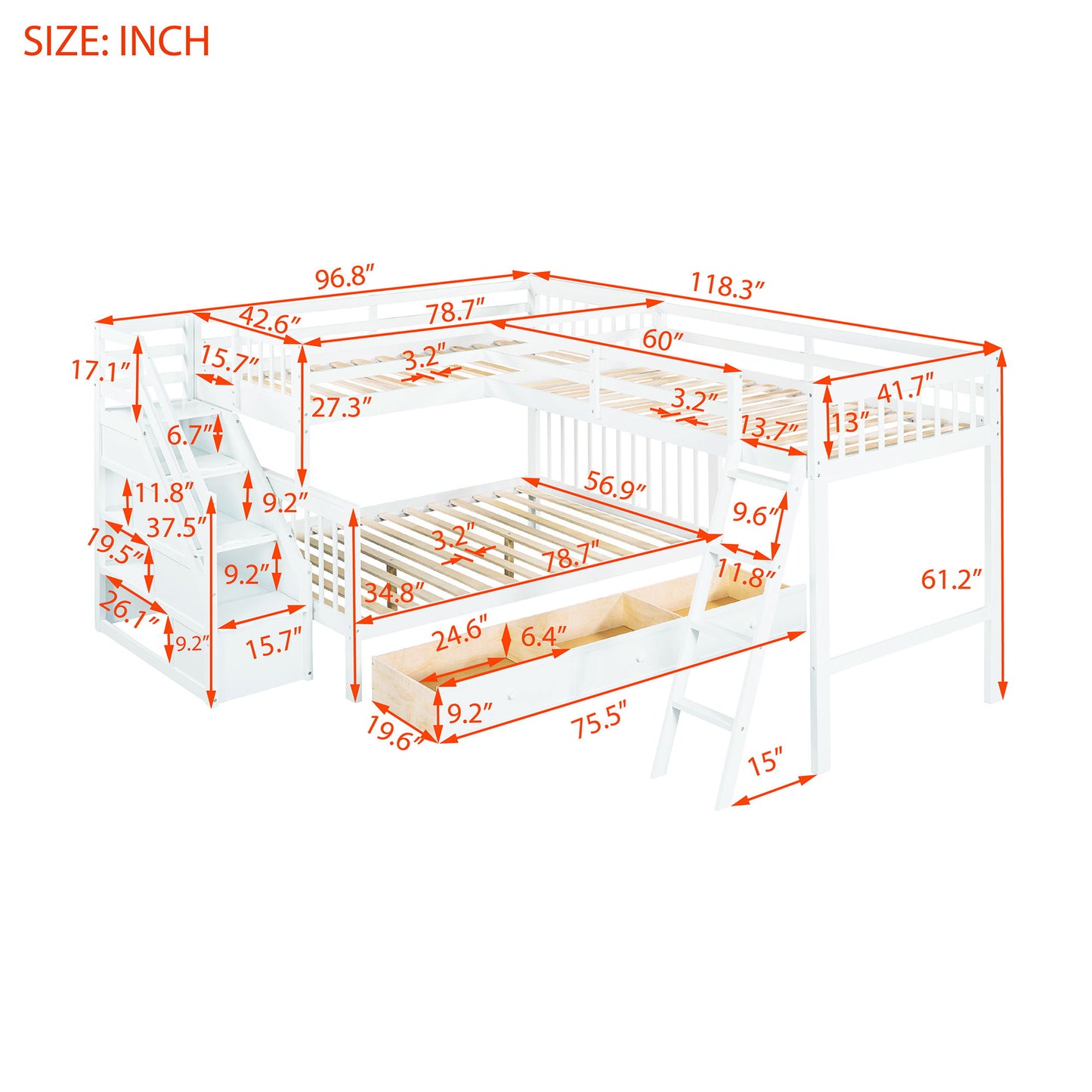 Solid L Shaped Bunk Bed With 3 Drawers, Ladder And Staircase - The Sleep Loft - Online Mattress Showroom NYC