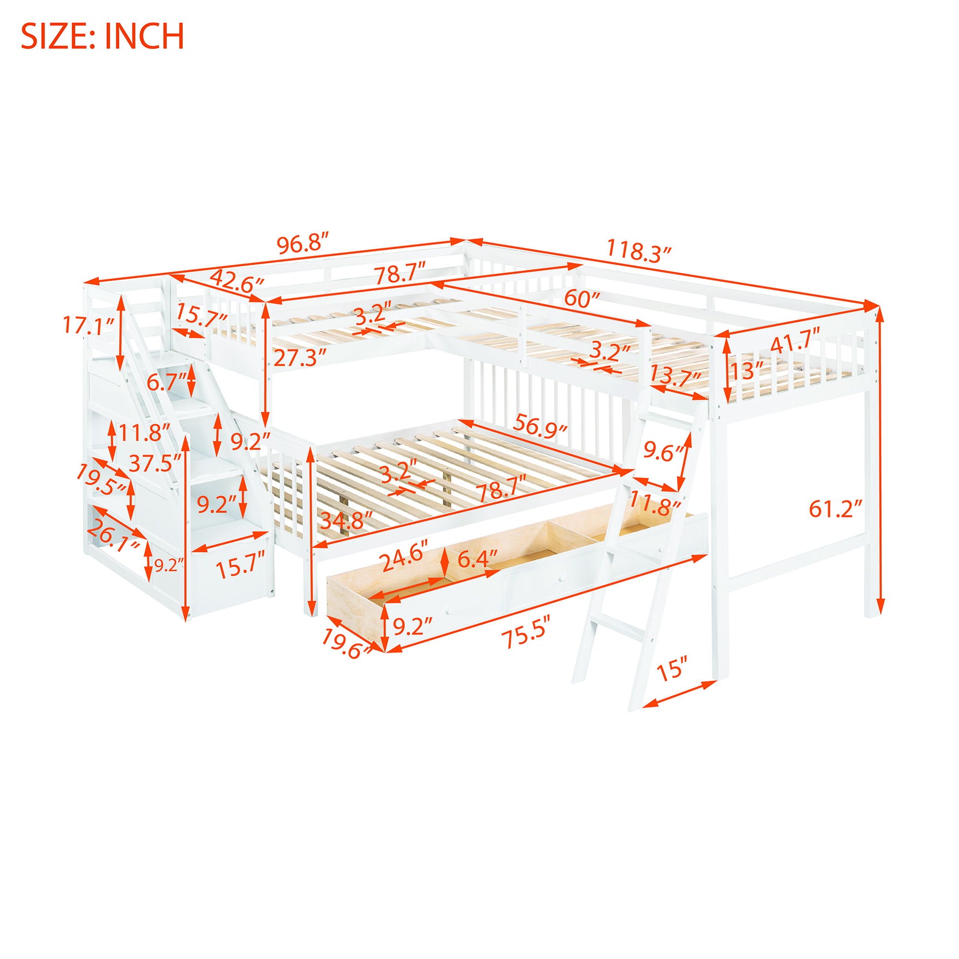 Solid L Shaped Bunk Bed With 3 Drawers, Ladder And Staircase - The Sleep Loft - Online Mattress Showroom NYC