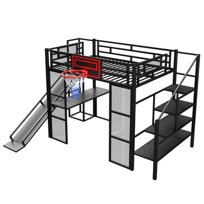 Loft Bed With Built In Desk, Open Wardrobe, Basketball Hoop, Slide And Staircase - The Sleep Loft - Online Mattress Showroom NYC