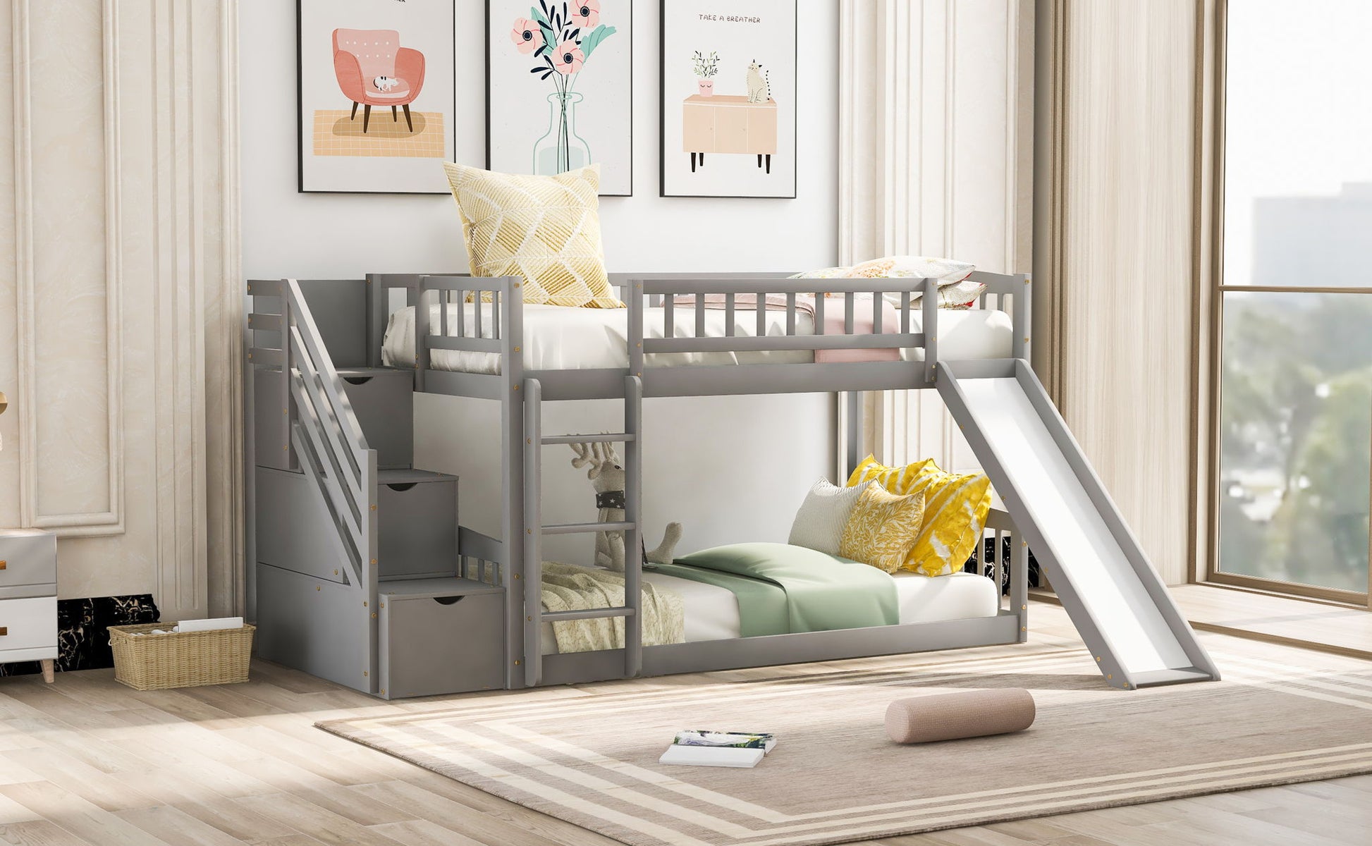 Twin Over Twin Bunk Stairway Bed With 2 Drawers And Slide - Gray - The Sleep Loft - Online Mattress Showroom NYC