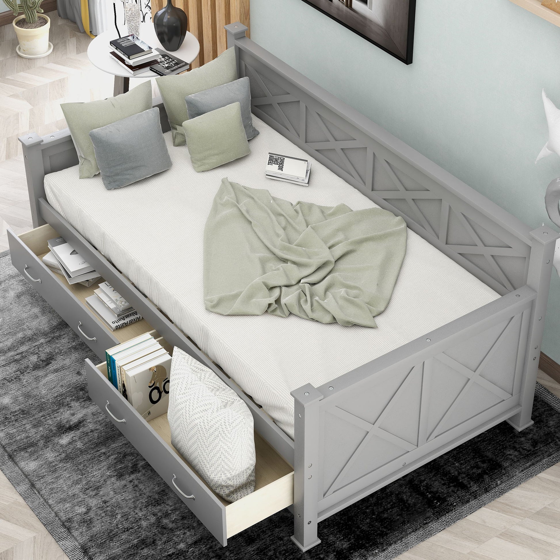 Modern Daybed With 2 Large Drawers, X Shaped Frame - The Sleep Loft - Online Mattress Showroom NYC