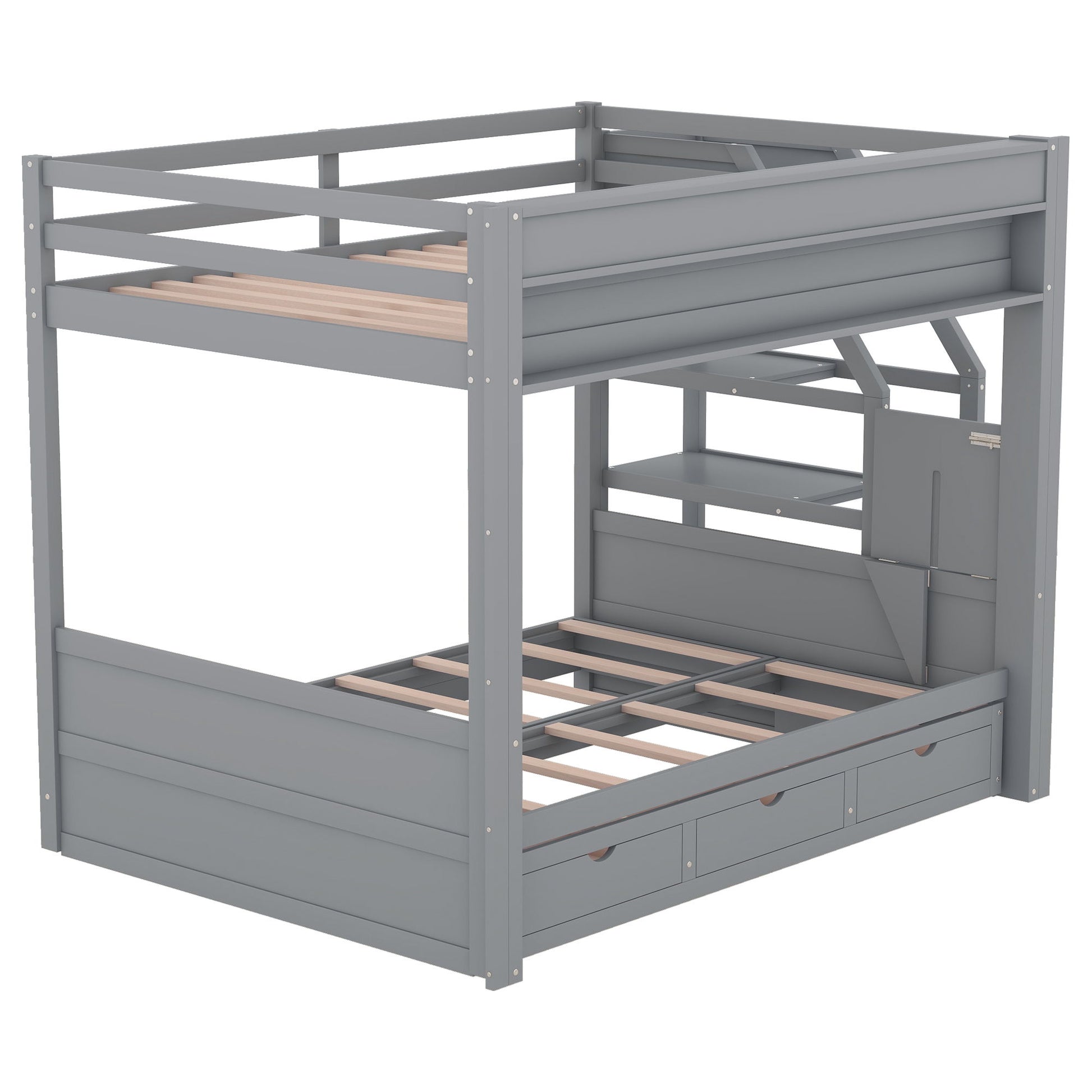 Wood Full Size Convertible Bunk Bed With Storage Staircase, Bedside Table, And 3 Drawers - Gray - The Sleep Loft - Online Mattress Showroom NYC