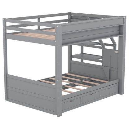 Wood Full Size Convertible Bunk Bed With Storage Staircase, Bedside Table, And 3 Drawers - Gray - The Sleep Loft - Online Mattress Showroom NYC