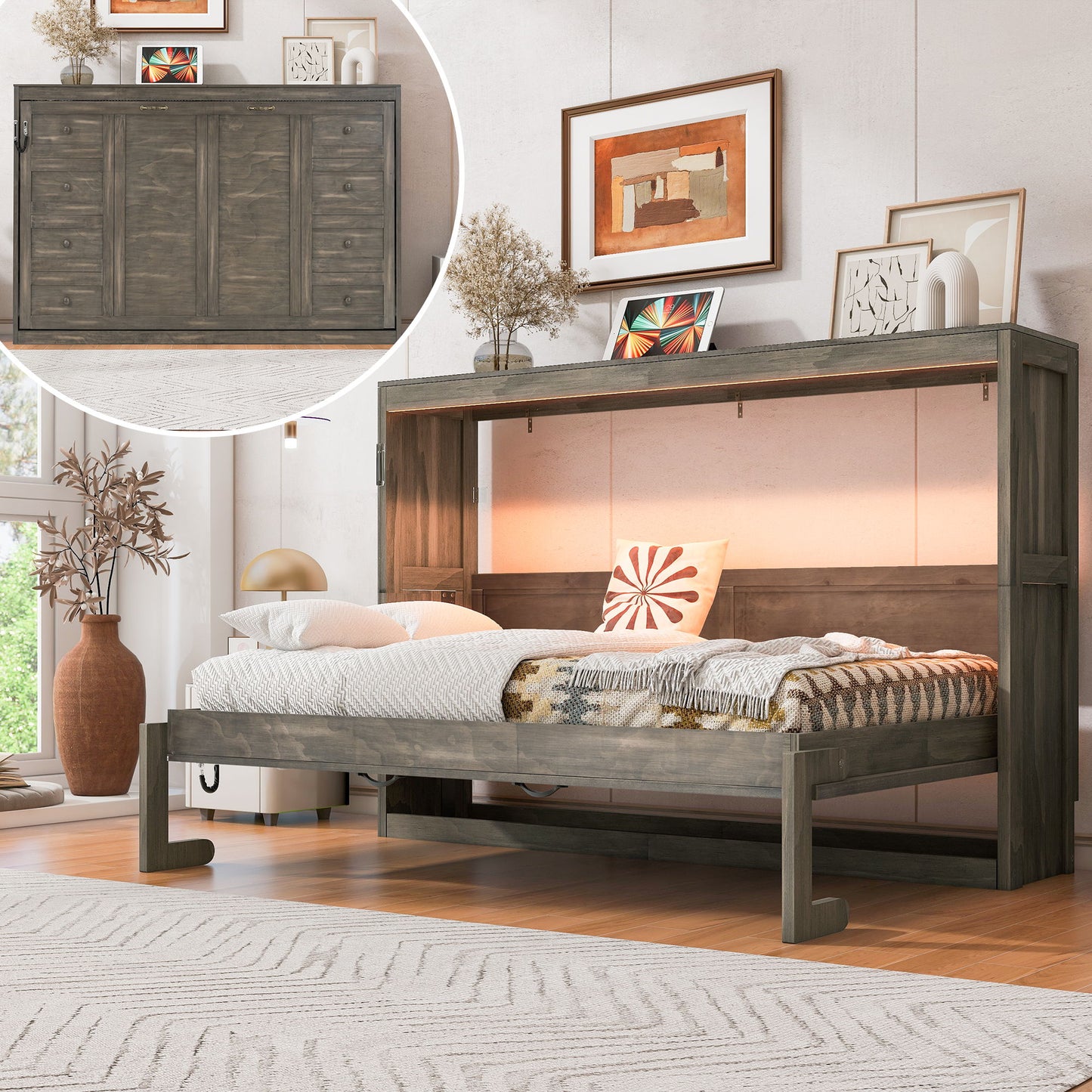 Murphy Bed With LED Light, Foldable Wall Bed Cabinet - The Sleep Loft - Online Mattress Showroom NYC
