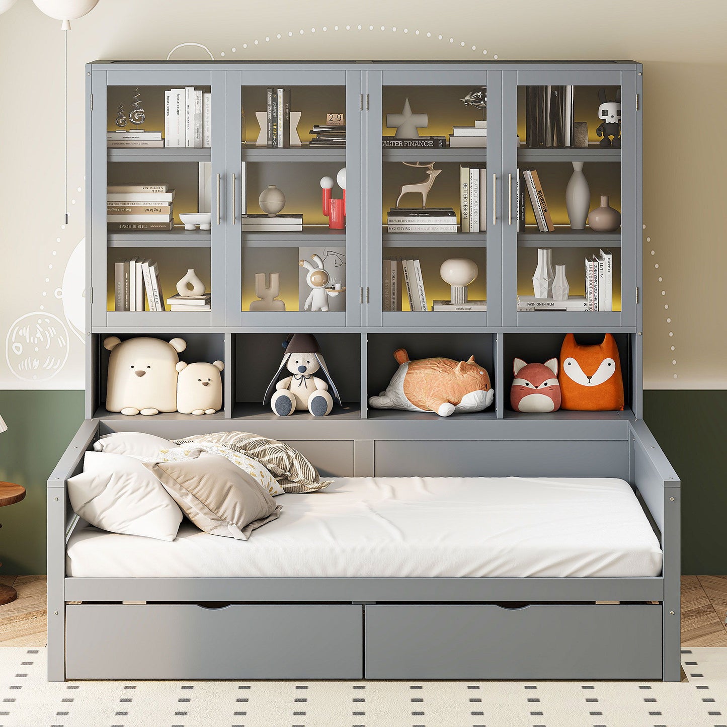 Daybed With Glass Door Storage Cabinets, Built In LED Lighting And Shelves - The Sleep Loft - Online Mattress Showroom NYC