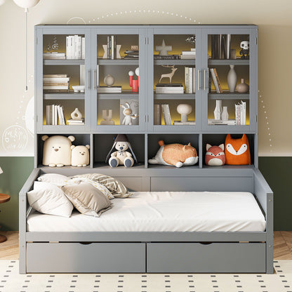 Daybed With Glass Door Storage Cabinets, Built In LED Lighting And Shelves - The Sleep Loft - Online Mattress Showroom NYC