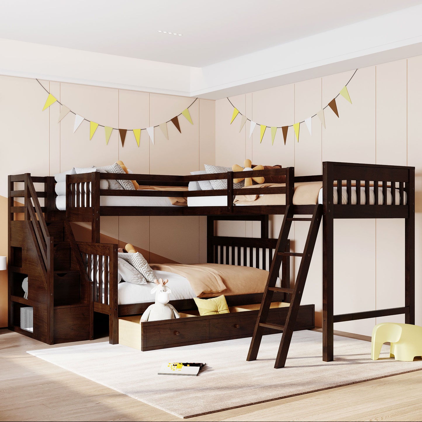 Solid L Shaped Bunk Bed With 3 Drawers, Ladder And Staircase - The Sleep Loft - Online Mattress Showroom NYC