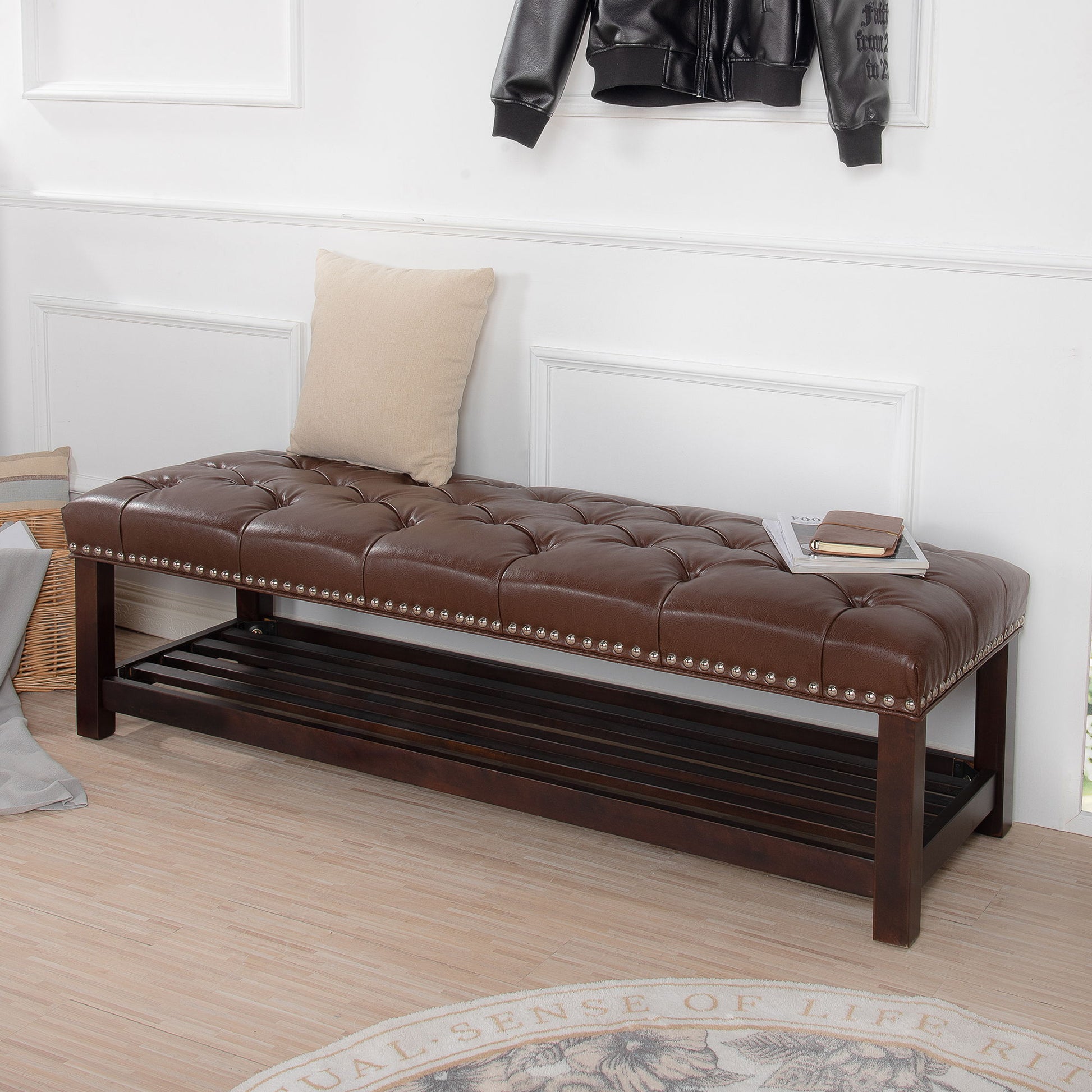 Bedroom End Of Bed Bench Tufted Upholstered End Of Bed Bench End Of Bed Entrance Shoe Bench With Nailhead Trim And Shelf Bedroom Upholstered Bench Living Room Shoe Rack Footstool - The Sleep Loft - Online Mattress Showroom NYC