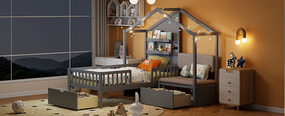 House Bed With Upholstered Sofa, Wireless Charging Station, Shelves And 2 Drawers - The Sleep Loft - Online Mattress Showroom NYC
