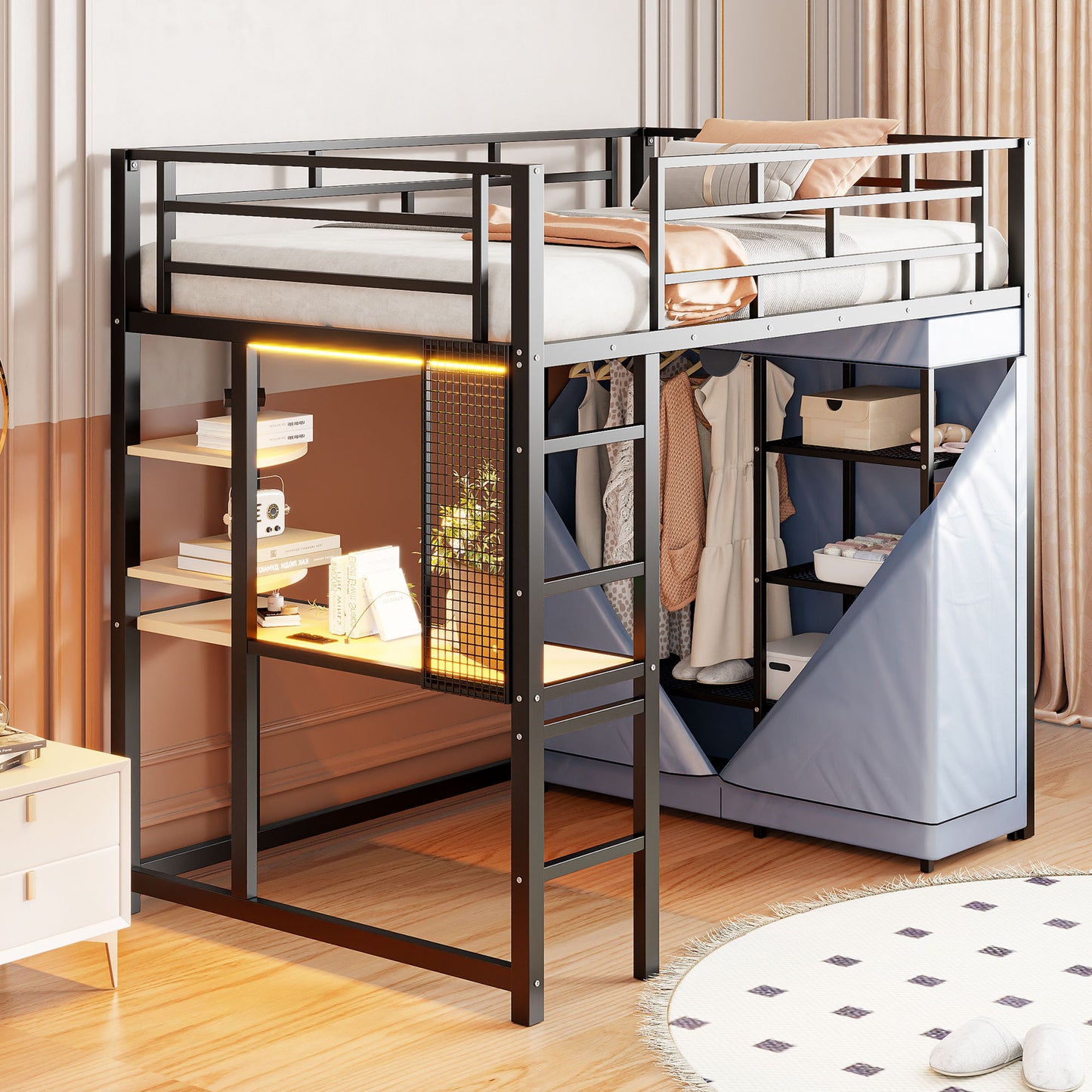 Loft Bed With Desk, Shelves, Power Outlet, LED Light And Wardrobe - The Sleep Loft - Online Mattress Showroom NYC