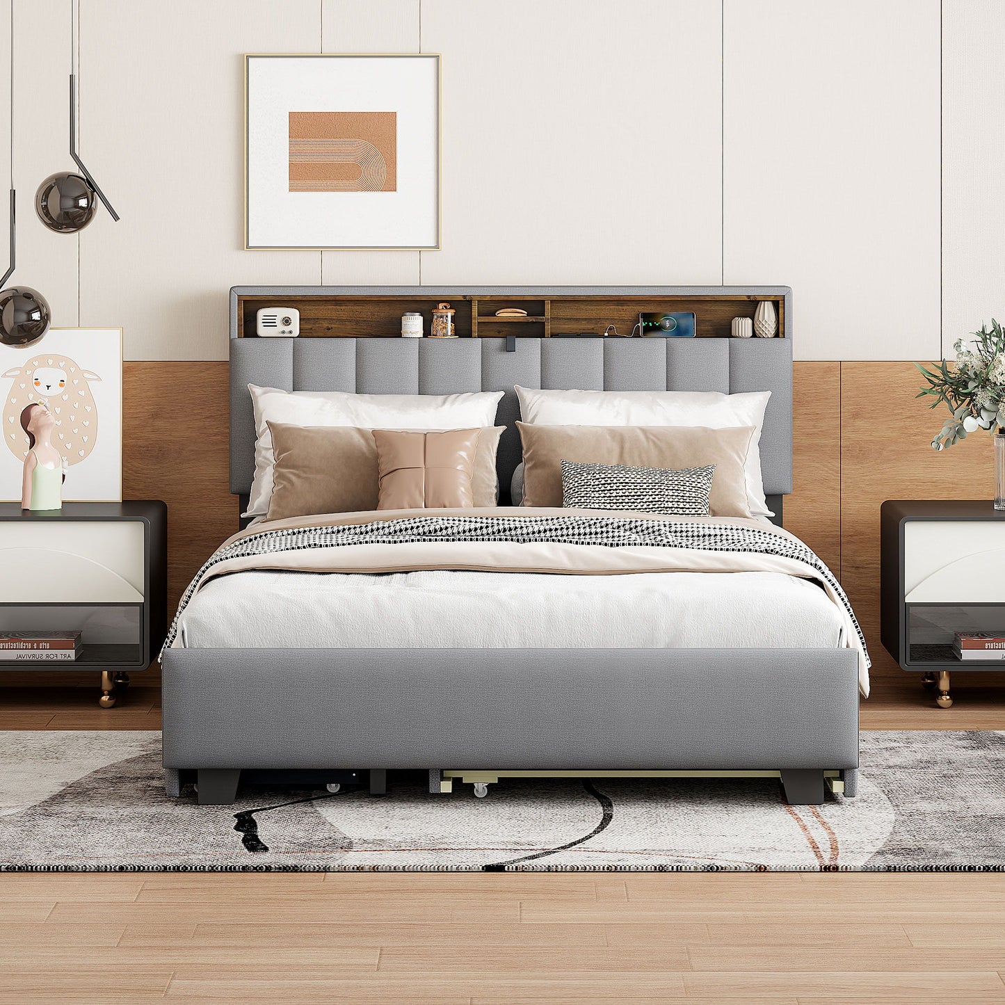 Upholstered Platform Bed With Storage Headboard, Trundle & 2 Drawers And A Set Of Sockets & USB Ports - The Sleep Loft - Online Mattress Showroom NYC