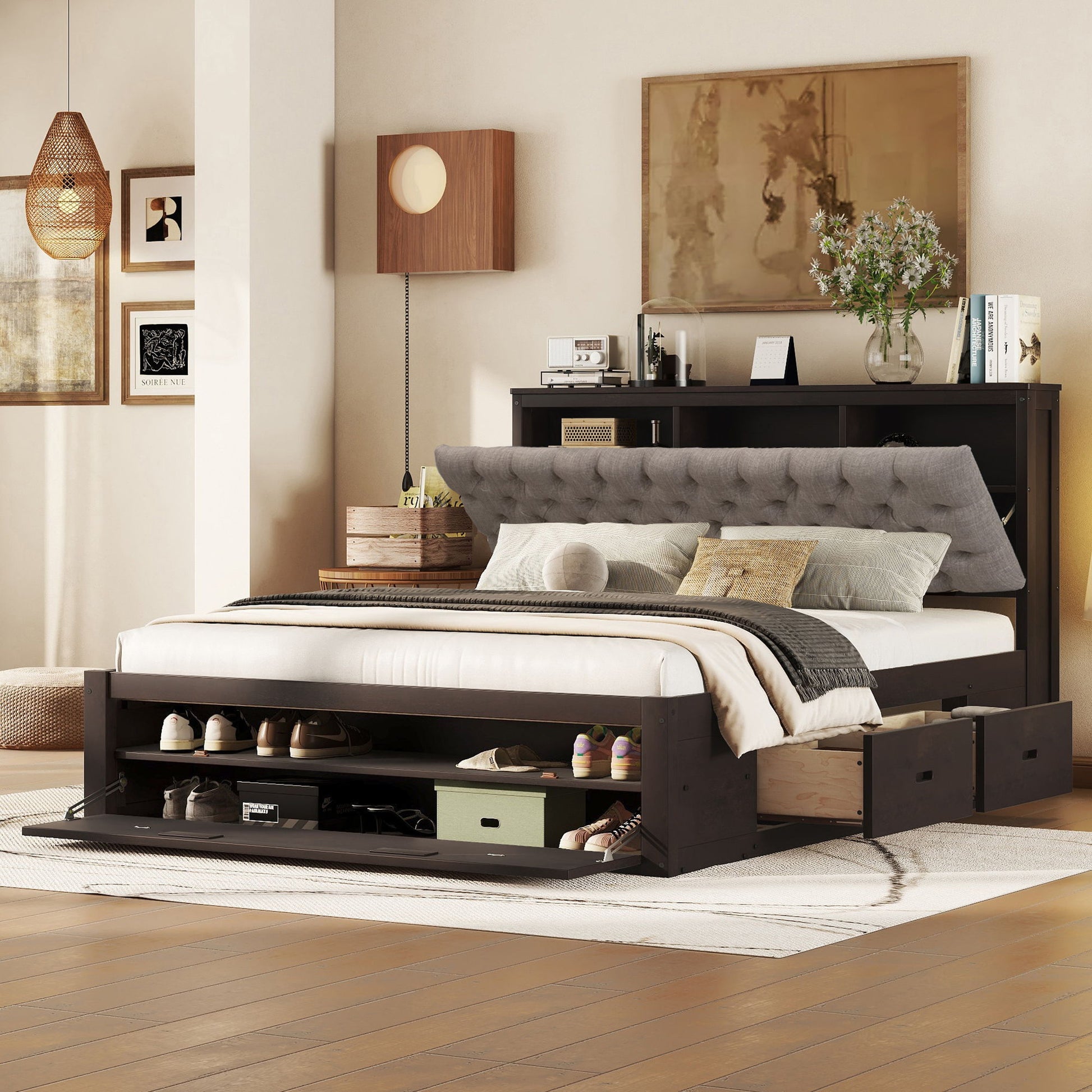 Platform Bed With Storage Headboard, Shoe Rack And 4 Drawers - The Sleep Loft - Online Mattress Showroom NYC