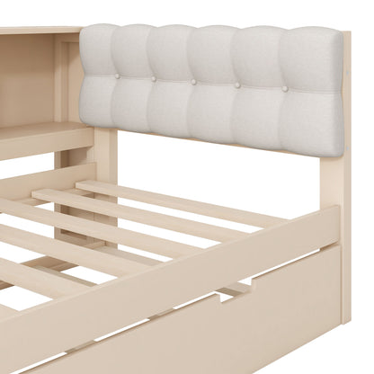 Upholstered Headboard Platform Bed With Storage Shelves, Trundle, Charging Station - The Sleep Loft - Online Mattress Showroom NYC