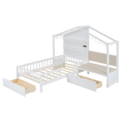House Bed With Upholstered Sofa, Wireless Charging Station, Shelves And 2 Drawers - The Sleep Loft - Online Mattress Showroom NYC