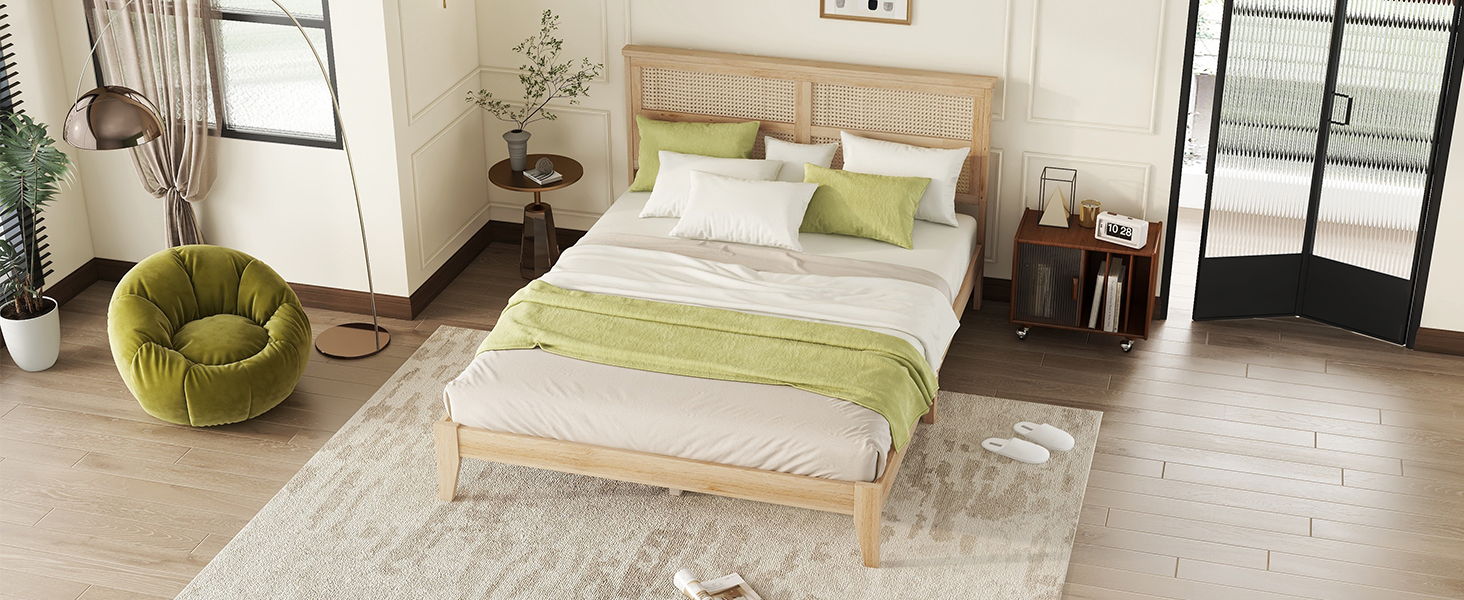 Queen Size Rubber Wooden, Solid Wooden Bed With Rattan Headboard, Enhanced By Support Feet - Natural - The Sleep Loft - Online Mattress Showroom NYC