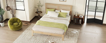 Queen Size Rubber Wooden, Solid Wooden Bed With Rattan Headboard, Enhanced By Support Feet - Natural - The Sleep Loft - Online Mattress Showroom NYC
