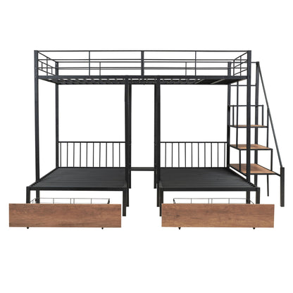 Full Over Twin-Twin Triple Bunk Bed With Drawers And Staircase - Black - The Sleep Loft - Online Mattress Showroom NYC