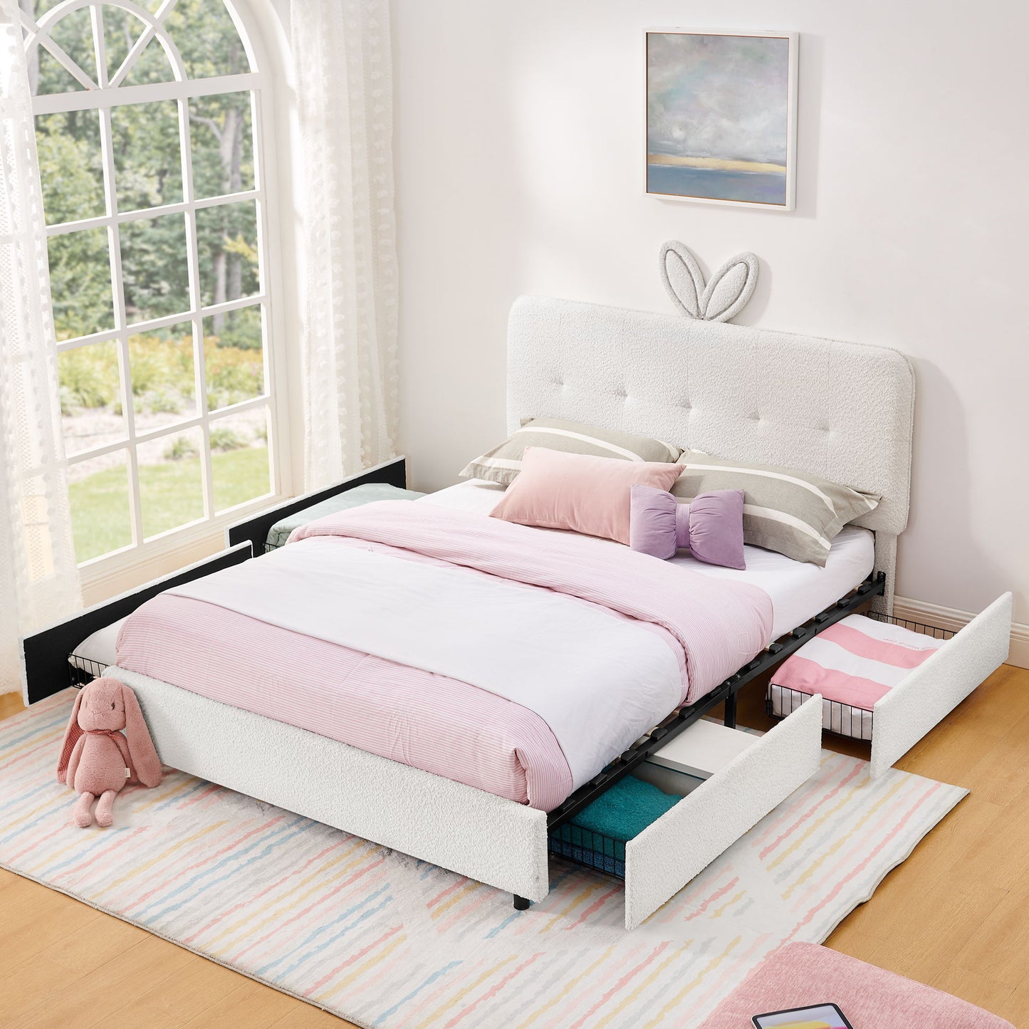 Upholstered Bed With Oversized Rabbit Ear Headboard, LED Lights & 4 Storage Drawers - The Sleep Loft - Online Mattress Showroom NYC