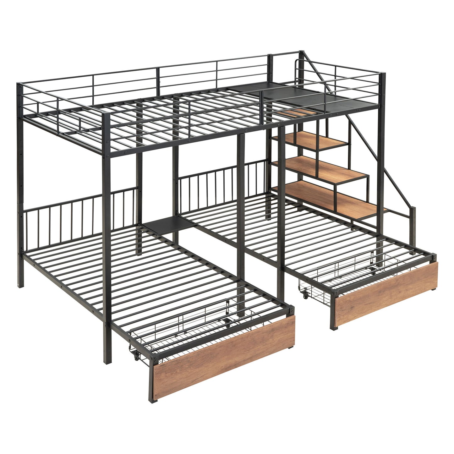 Full Over Twin-Twin Triple Bunk Bed With Drawers And Staircase - Black - The Sleep Loft - Online Mattress Showroom NYC