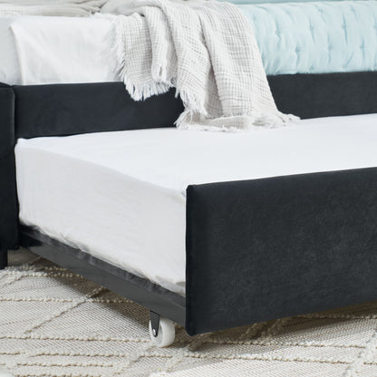 Full Size Upholstered Daybed With Trundle, Tufted Backrest And Armrests - Black - The Sleep Loft - Online Mattress Showroom NYC