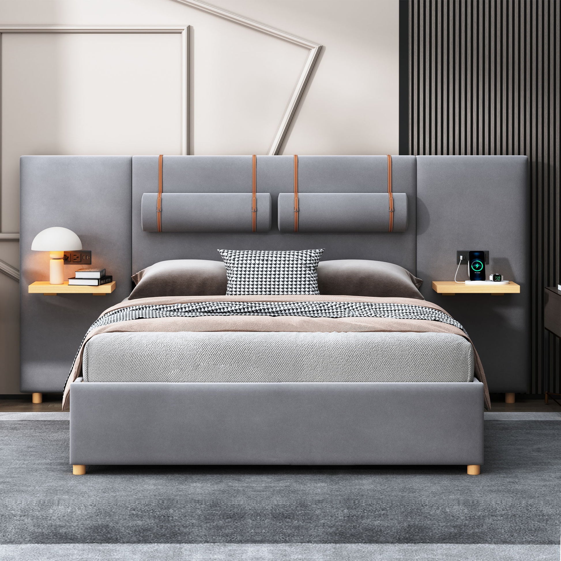 Upholstered Platform Bed, 2 Outlets And USB Charging Ports On Both Sides, 2 Bedside Pillows, Storage Shelves - The Sleep Loft - Online Mattress Showroom NYC