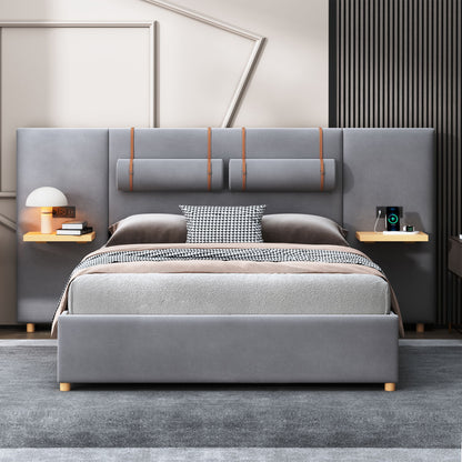 Upholstered Platform Bed, 2 Outlets And USB Charging Ports On Both Sides, 2 Bedside Pillows, Storage Shelves - The Sleep Loft - Online Mattress Showroom NYC