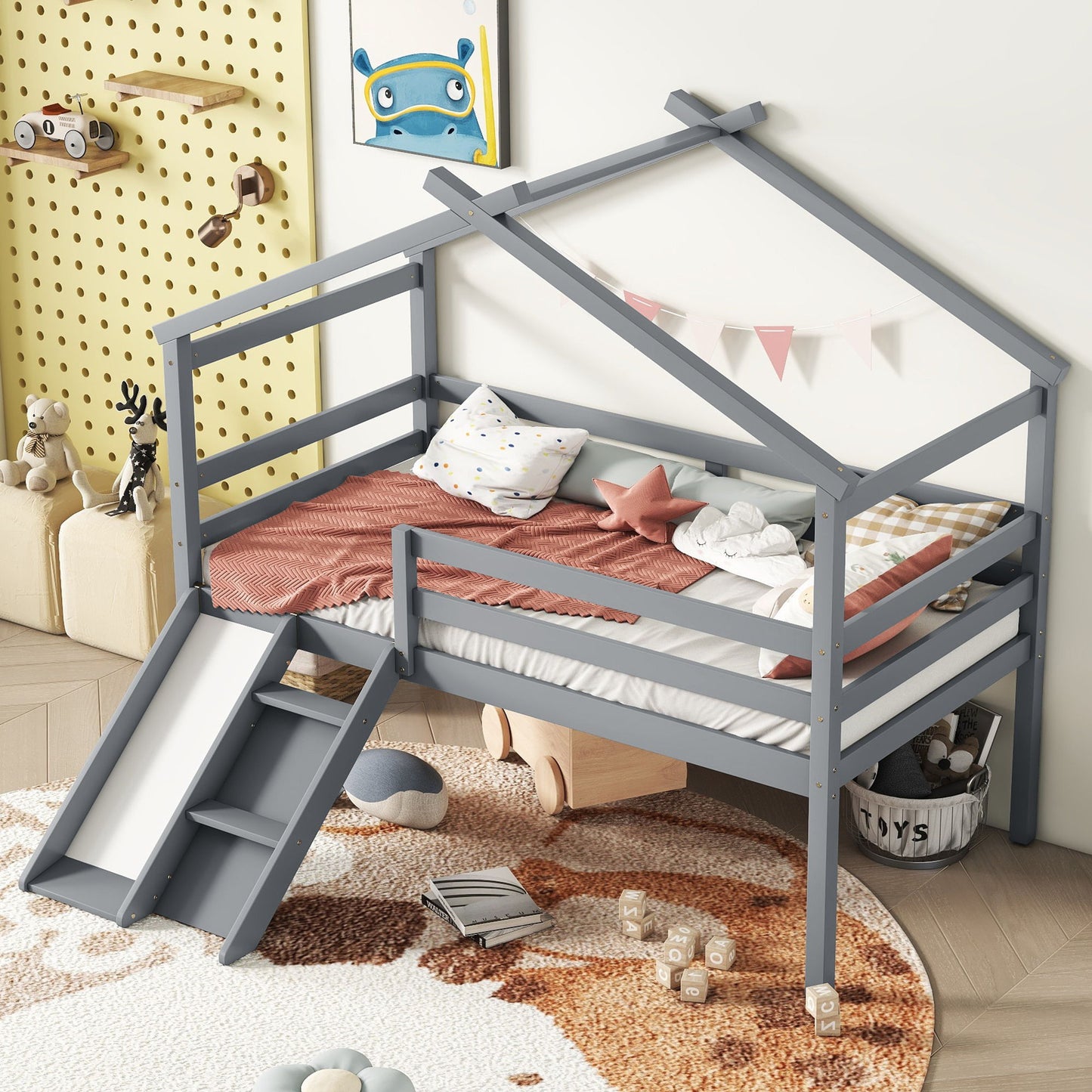 Low Loft House Bed With Slide, Ladder, Safety Guardrails, House Roof Frame - The Sleep Loft - Online Mattress Showroom NYC
