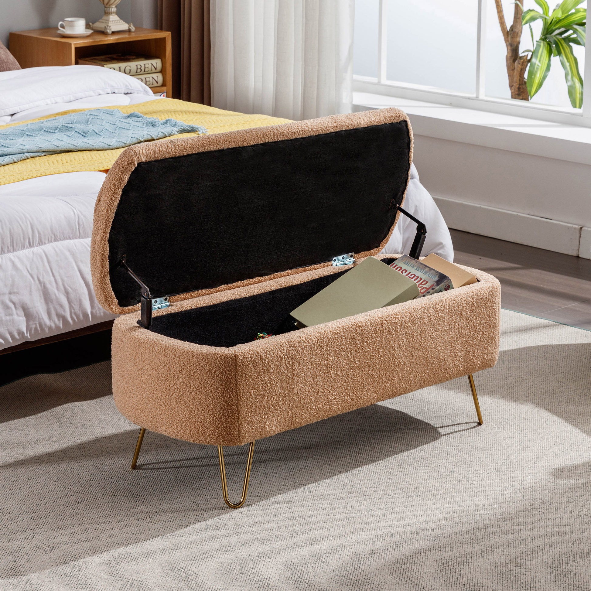 Storage Ottoman Bench For End Of Bed Legs, Modern Camel Faux Fur Entryway Bench Upholstered Padded With Storage For Living Room Bedroom - The Sleep Loft - Online Mattress Showroom NYC