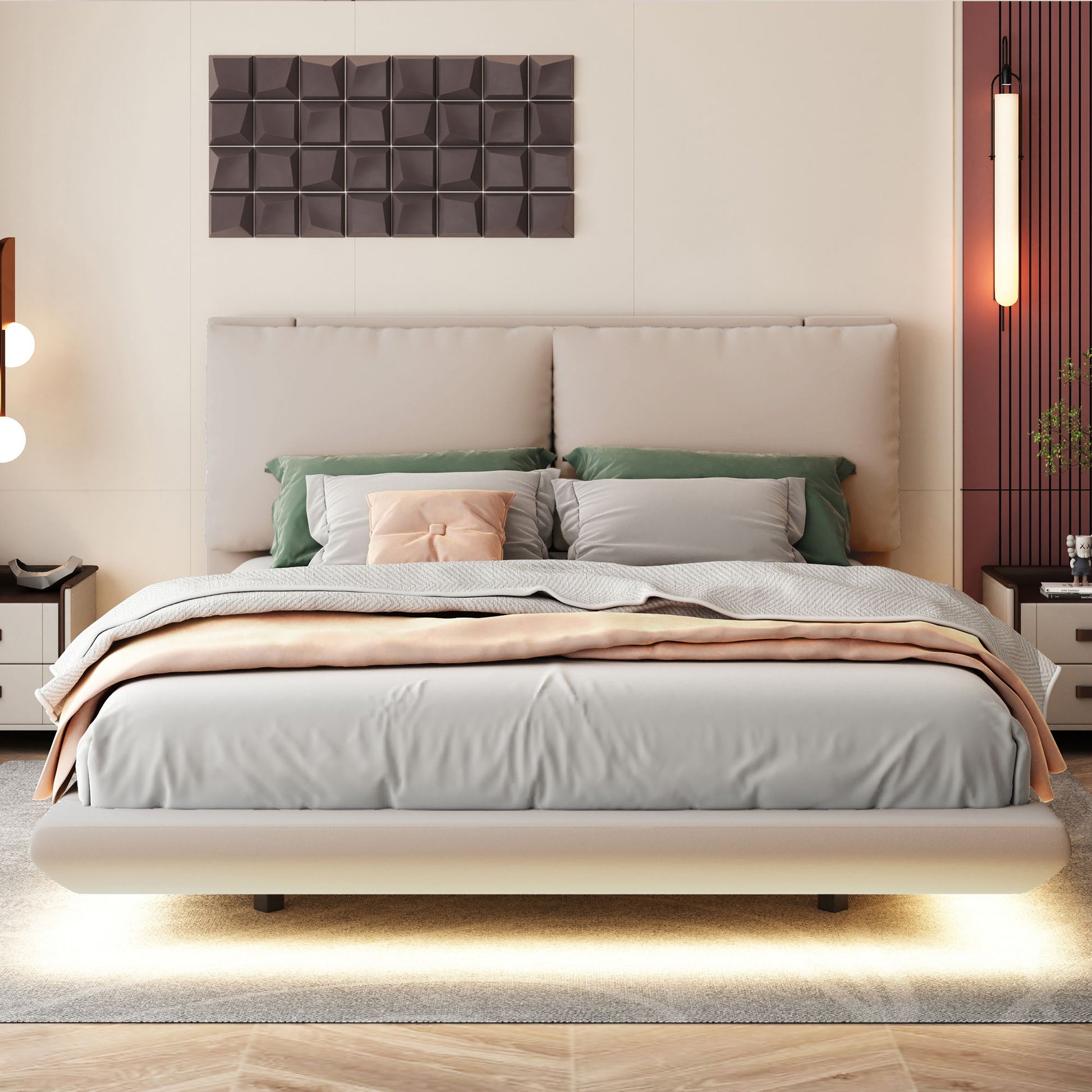 Upholstered Platform Bed With Sensor Light And 2 Large Backrests, With 2 Sets Of USB Port And Socket On Each Rear Bed Leg - The Sleep Loft - Online Mattress Showroom NYC