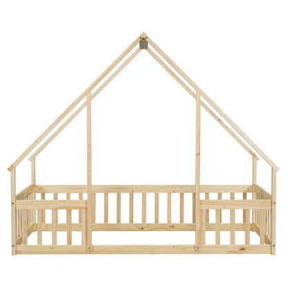 Wood House-Shaped Floor Bed With Fence, Guardrails - The Sleep Loft - Online Mattress Showroom NYC
