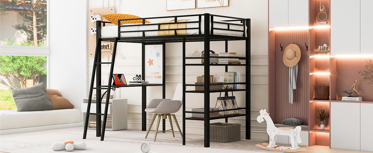 Loft Metal Bed With 3 Layers Of Shelves And Desk, Stylish Metal Frame Bed With board - The Sleep Loft - Online Mattress Showroom NYC