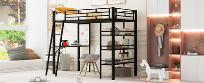 Loft Metal Bed With 3 Layers Of Shelves And Desk, Stylish Metal Frame Bed With board - The Sleep Loft - Online Mattress Showroom NYC
