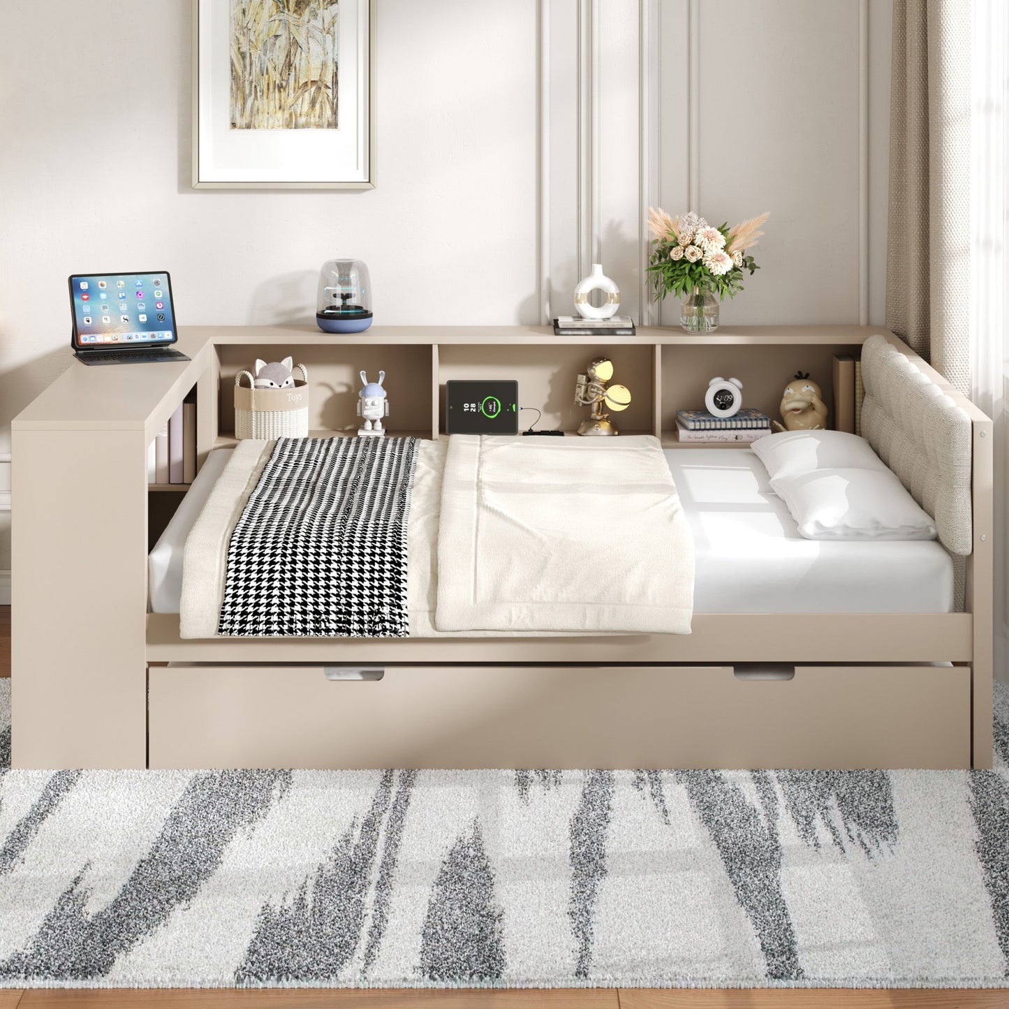 Upholstered Headboard Platform Bed With Storage Shelves, Trundle, Charging Station - The Sleep Loft - Online Mattress Showroom NYC