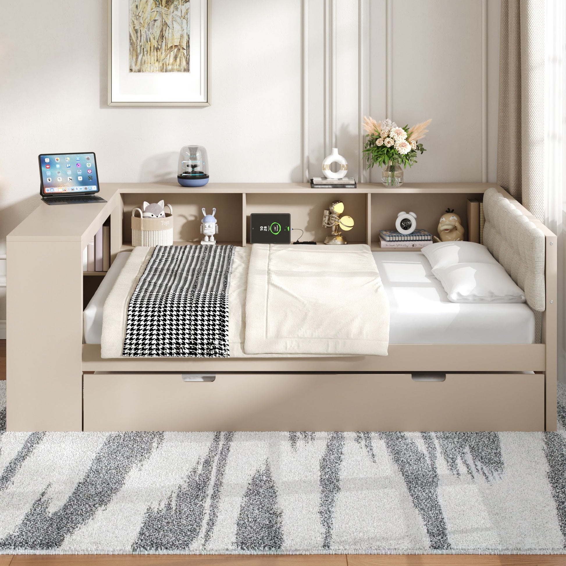 Upholstered Headboard Platform Bed With Storage Shelves, Trundle, Charging Station - The Sleep Loft - Online Mattress Showroom NYC