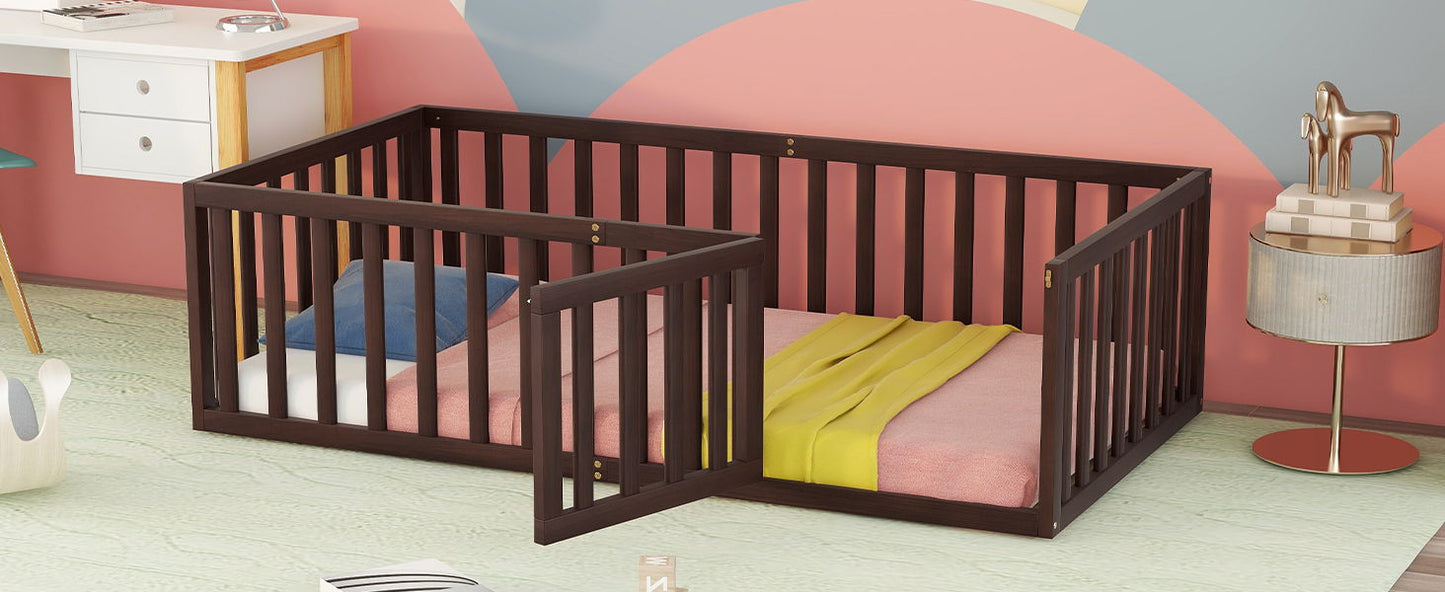 Twin Size Floor Bed Frame With Fence And Door - Walnut - The Sleep Loft - Online Mattress Showroom NYC