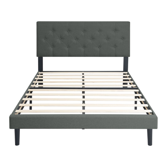 Modern Upholstered Platform Bed Frame With Button Tufted Linen Fabric Headboard - The Sleep Loft - Online Mattress Showroom NYC