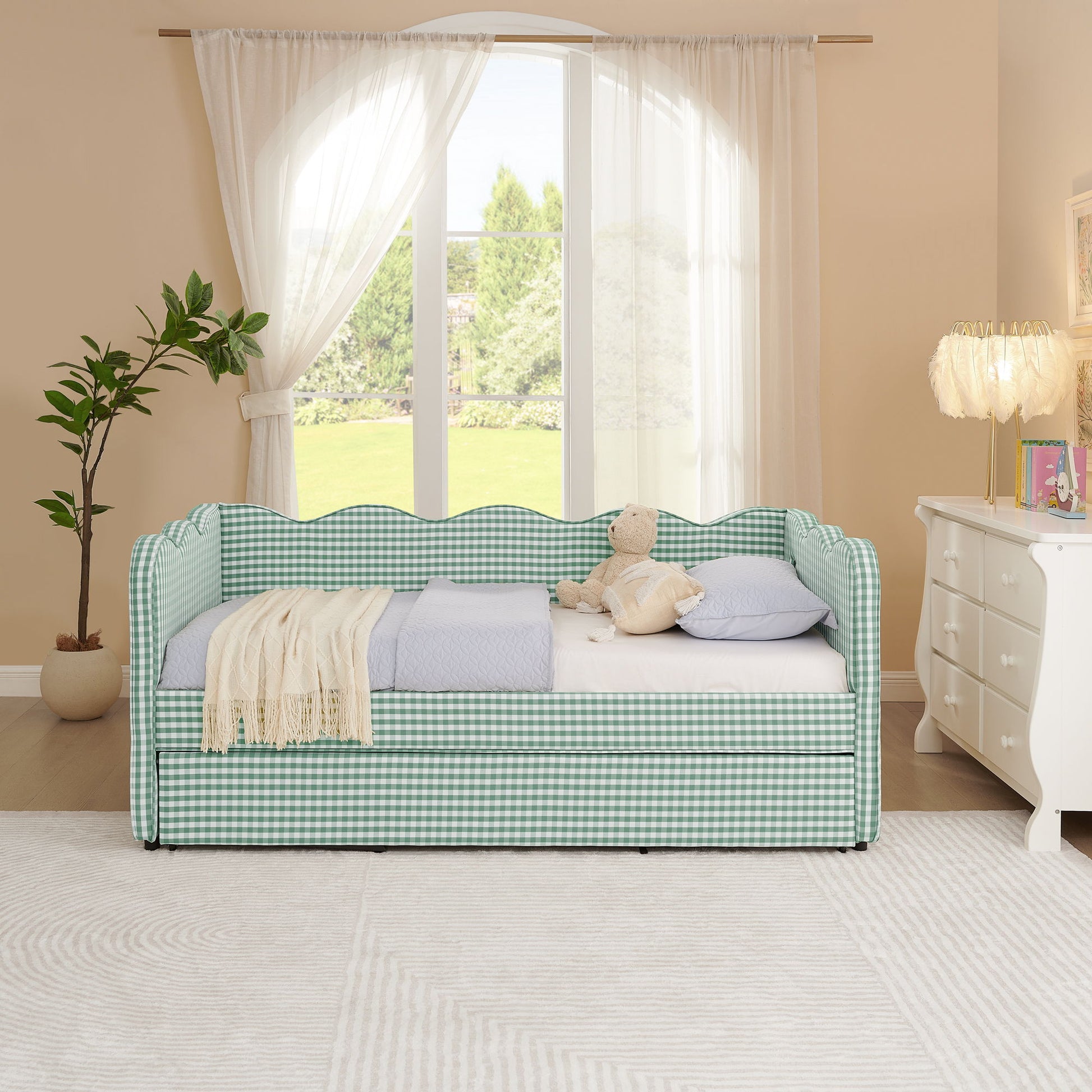 Gingham Daybed With USB Charging Port, Wave Shaped Design - The Sleep Loft - Online Mattress Showroom NYC