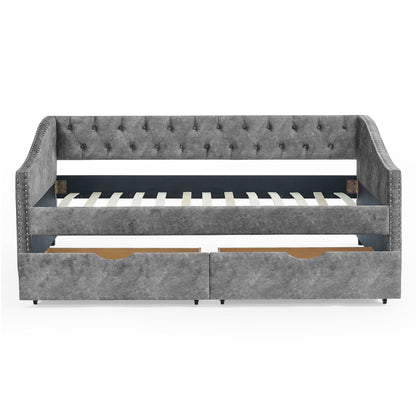 Upholstered Tufted Daybed With 2 Drawers, Waved Arms - The Sleep Loft - Online Mattress Showroom NYC