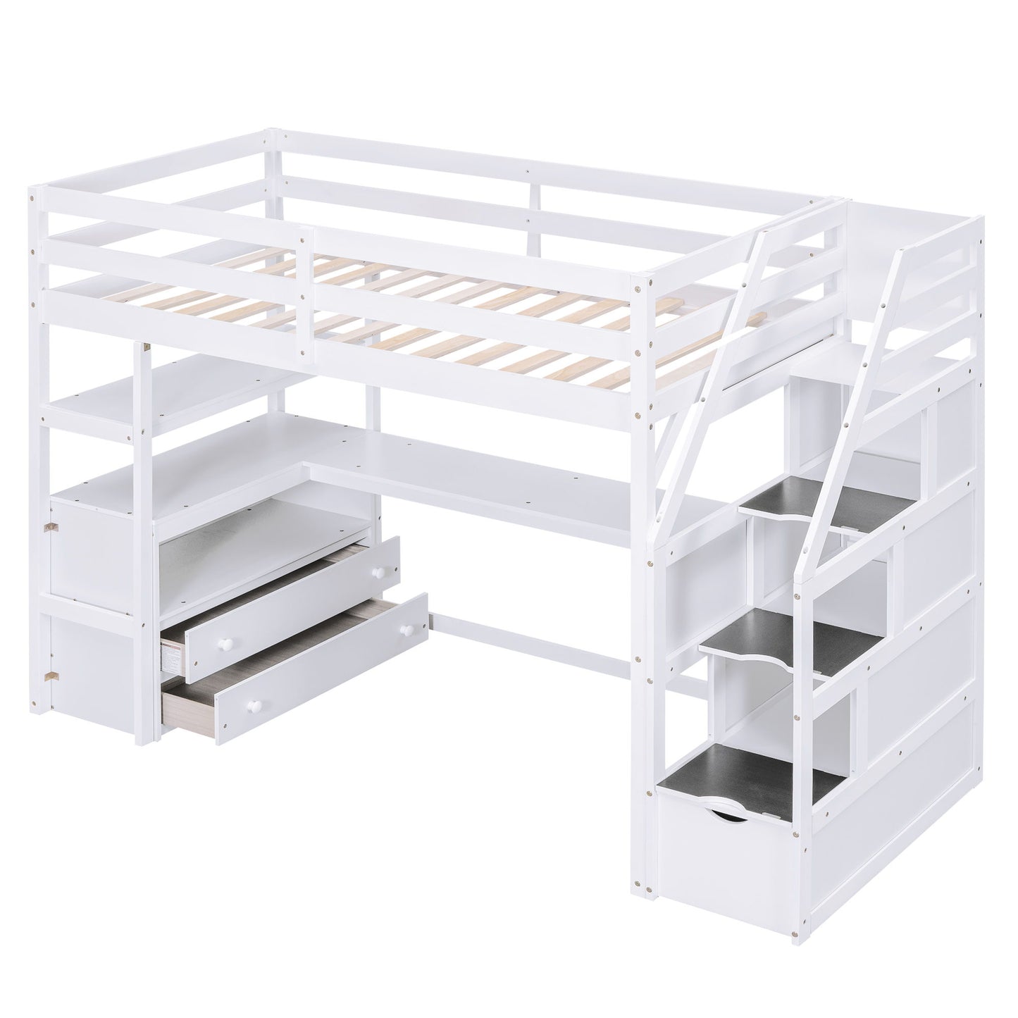 Loft Bed With Desk, Shelves, 2 Drawers, Storage Staircase - The Sleep Loft - Online Mattress Showroom NYC