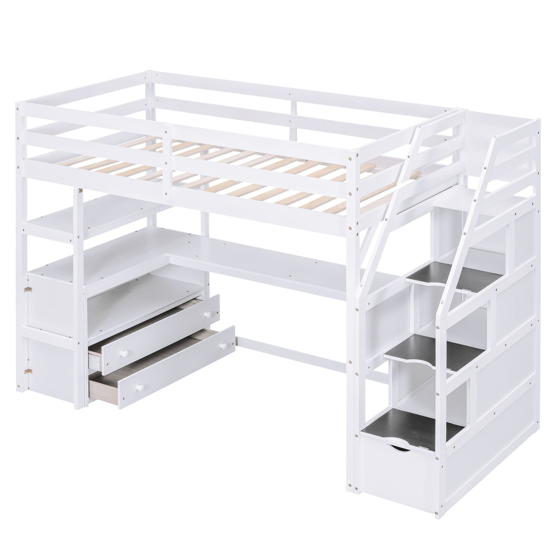 Loft Bed With Desk, Shelves, 2 Drawers, Storage Staircase - The Sleep Loft - Online Mattress Showroom NYC