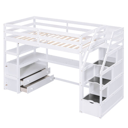 Loft Bed With Desk, Shelves, 2 Drawers, Storage Staircase - The Sleep Loft - Online Mattress Showroom NYC