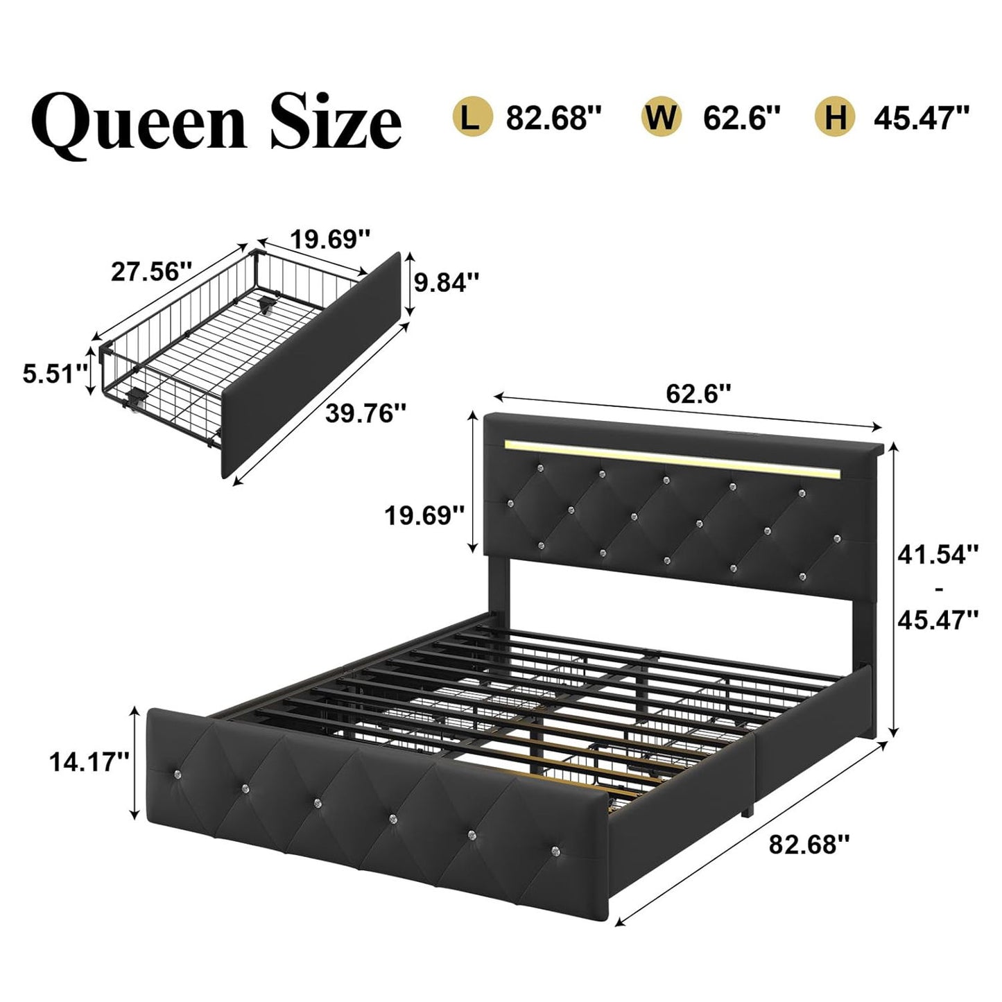 Upholstered Bed Frame With LED Lights, 4 Storage Drawers, Charging Station - The Sleep Loft - Online Mattress Showroom NYC