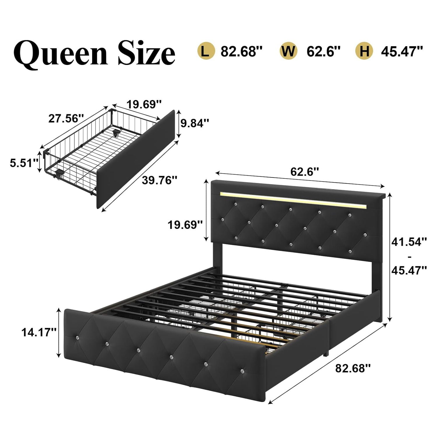 Upholstered Bed Frame With LED Lights, 4 Storage Drawers, Charging Station - The Sleep Loft - Online Mattress Showroom NYC