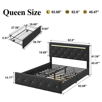 Upholstered Bed Frame With LED Lights, 4 Storage Drawers, Charging Station - The Sleep Loft - Online Mattress Showroom NYC
