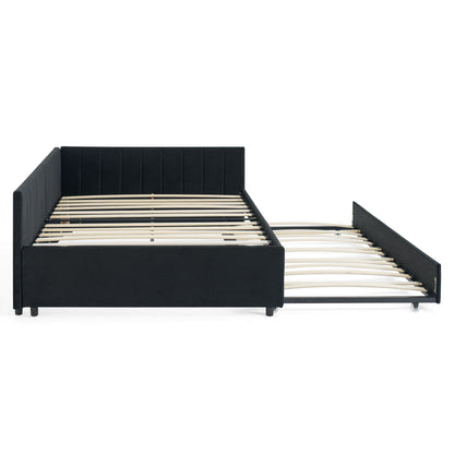 Full Size Upholstered Daybed With Trundle, Tufted Backrest And Armrests - Black - The Sleep Loft - Online Mattress Showroom NYC