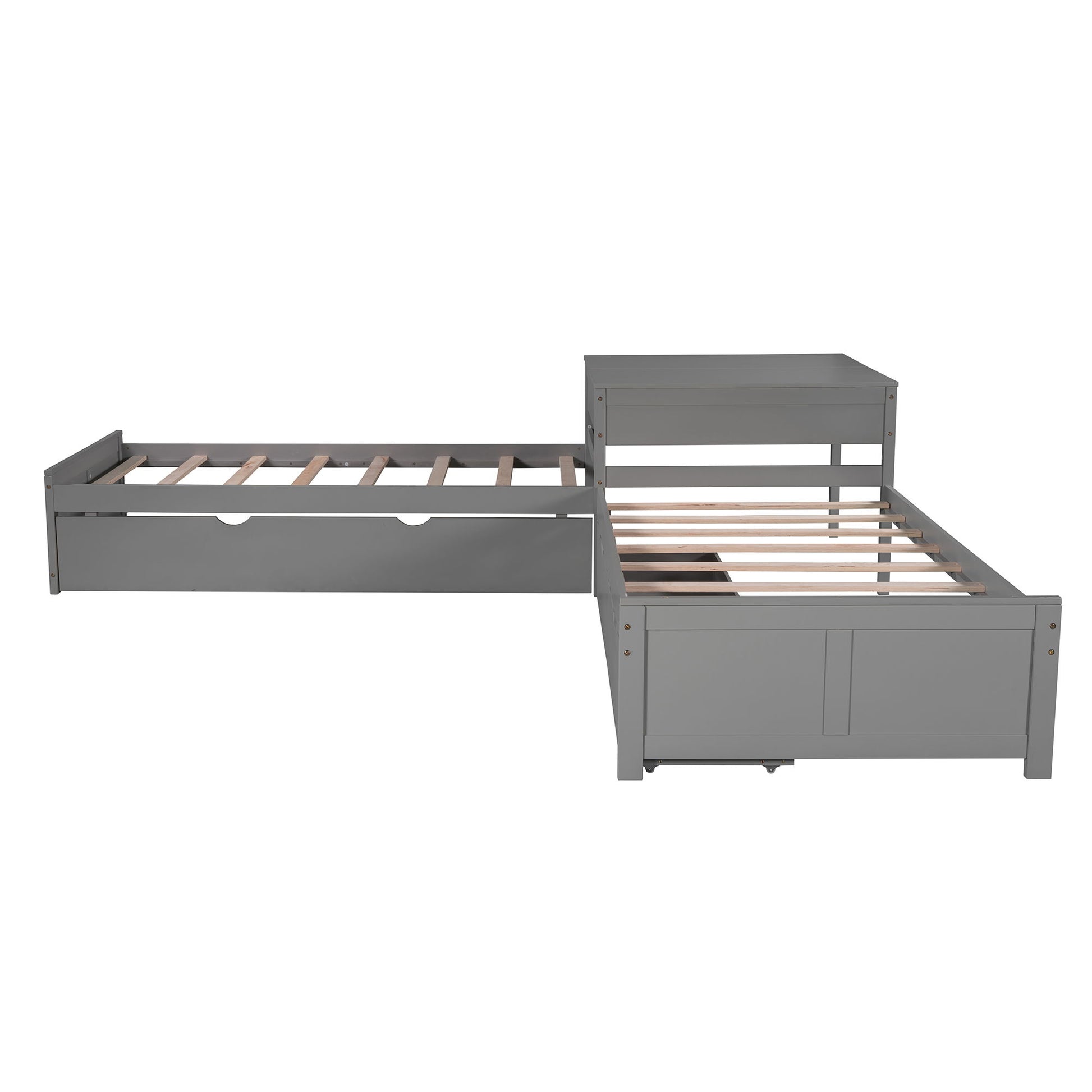 L Shaped Platform Bed With Trundle And Drawers Linked With Built In Desk - The Sleep Loft - Online Mattress Showroom NYC