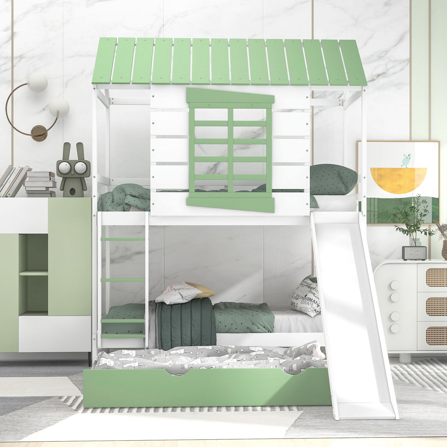 Twin Over Twin House Bunk Bed With Convertible Slide And Trundle - White - The Sleep Loft - Online Mattress Showroom NYC