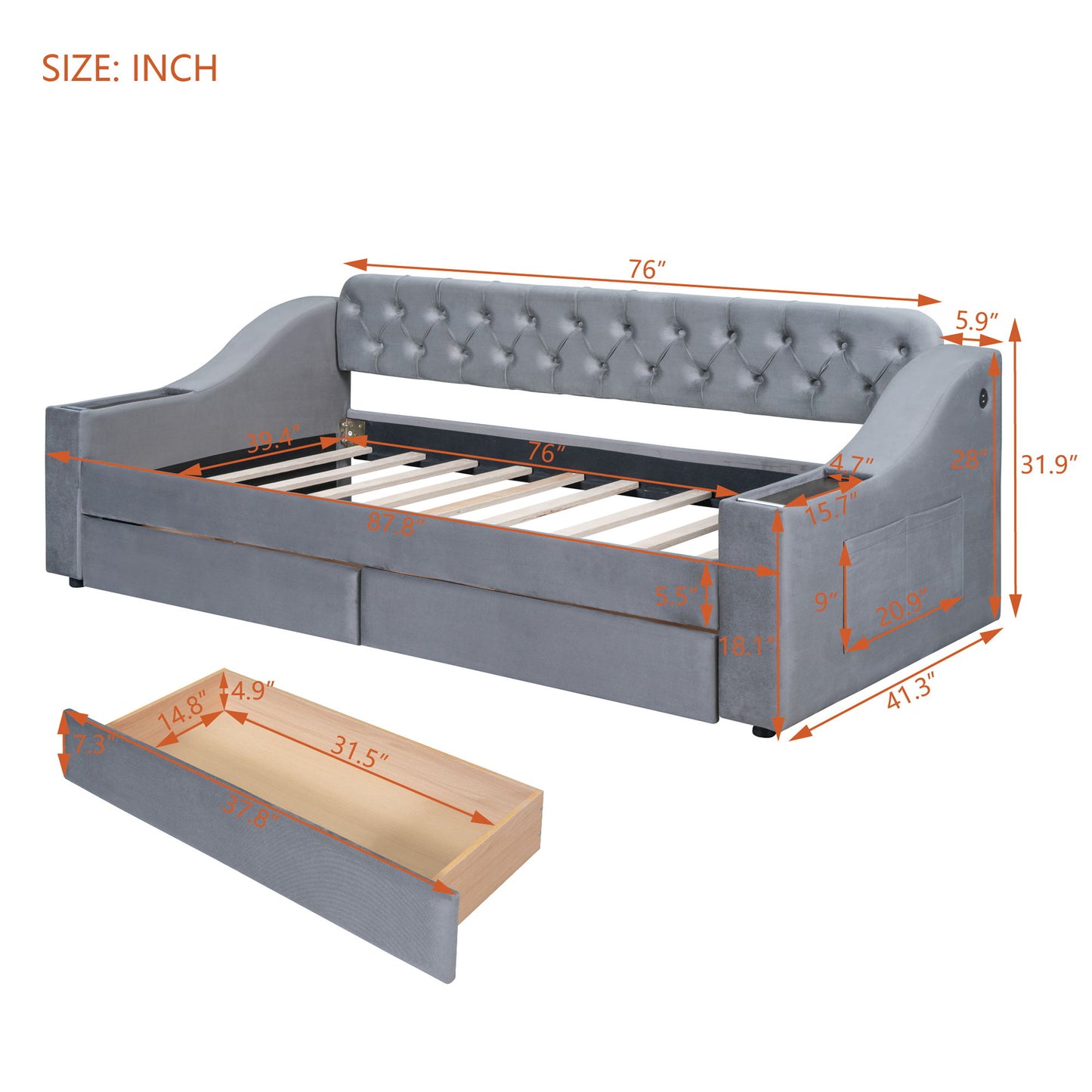 Upholstered Daybed With Storage Armrests And USB Port - The Sleep Loft - Online Mattress Showroom NYC