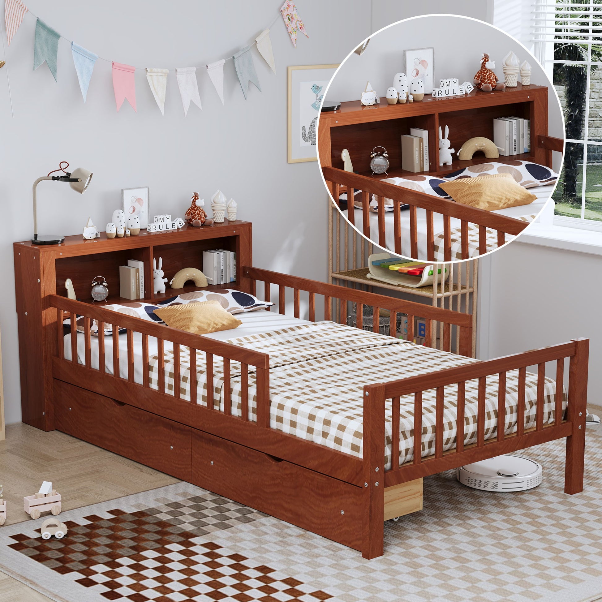 Bed With Headboard Storage Rack, 2 Under Bed Drawers, 3 Side Guardrails For Safety - The Sleep Loft - Online Mattress Showroom NYC